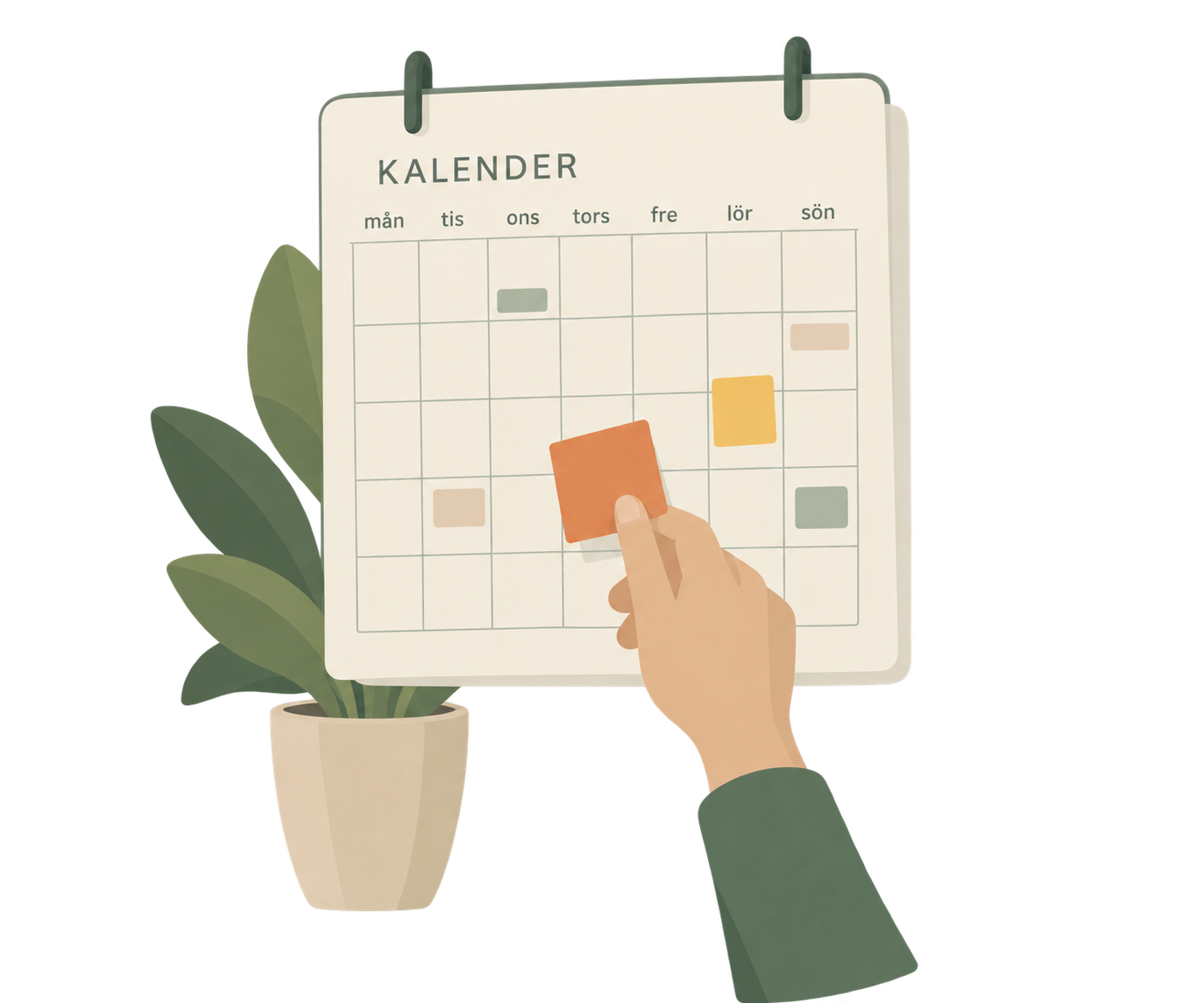 Illustration: väggkalender där en hand sätter upp en lapp