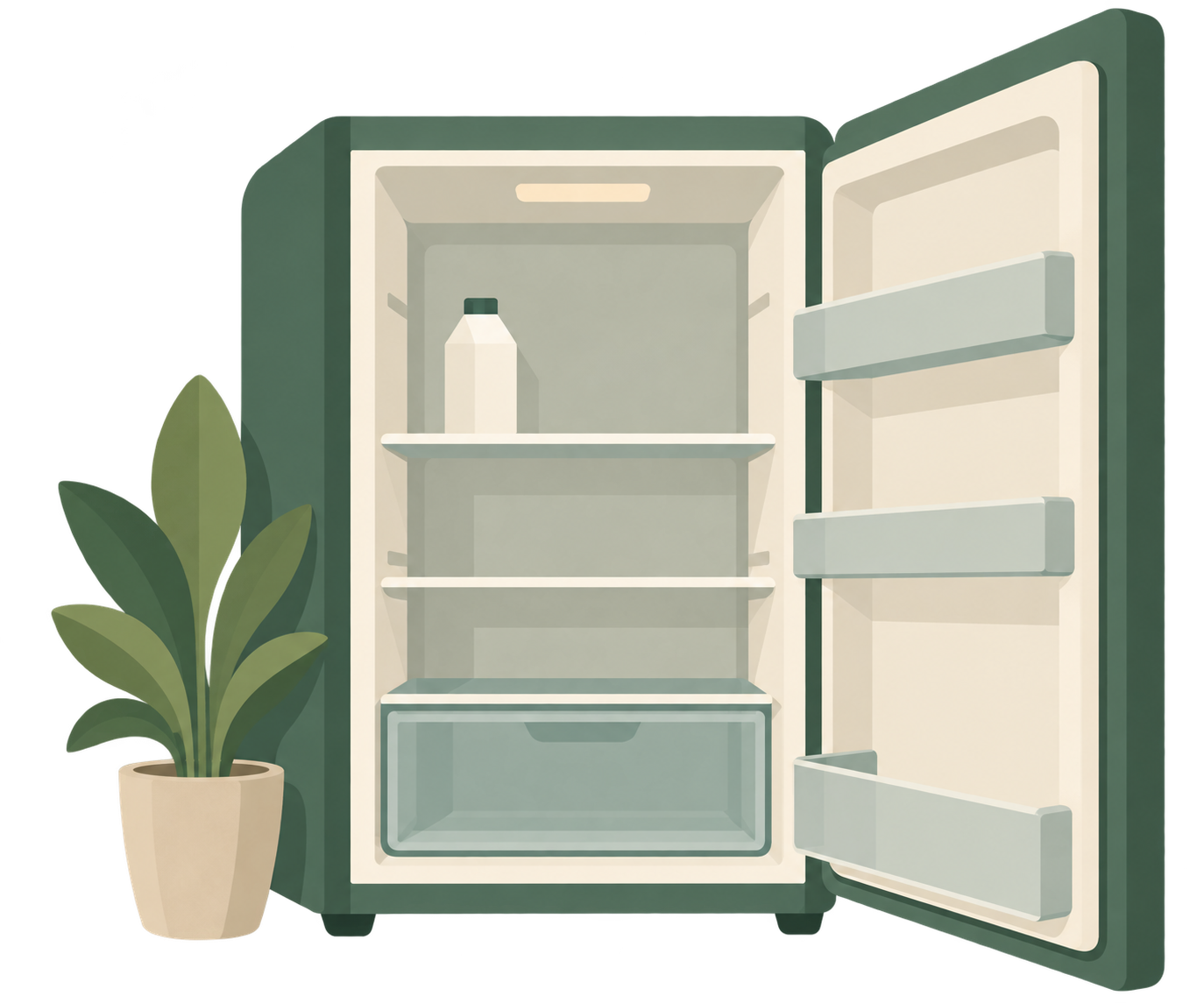 Illustration: öppet kylskåp med ett ensamt mjölkpaket