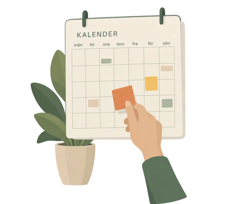 Illustration: väggkalender där en hand sätter upp en lapp